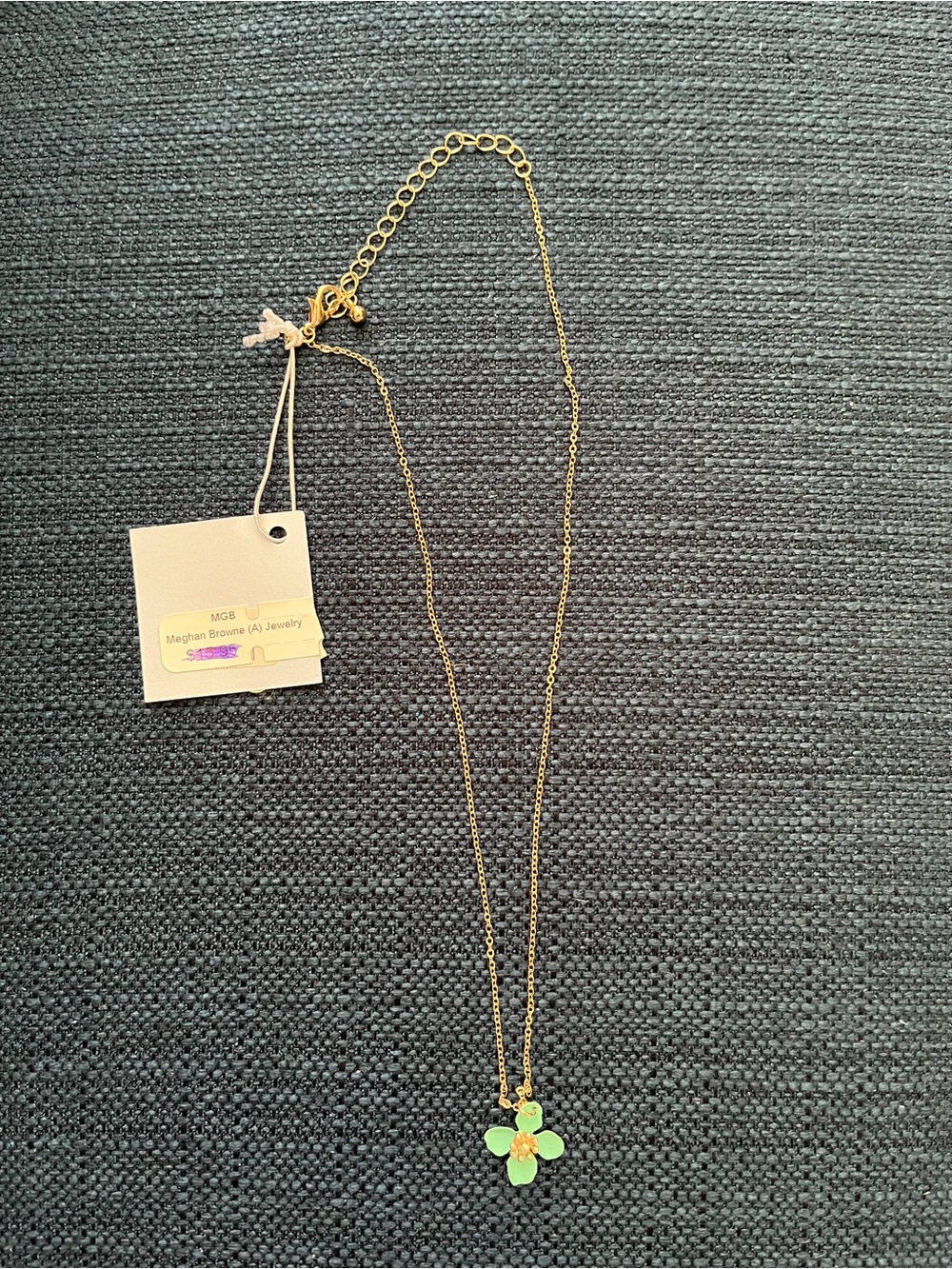 Gold Necklace with Aqua Green Four-Petal Flower Pendant